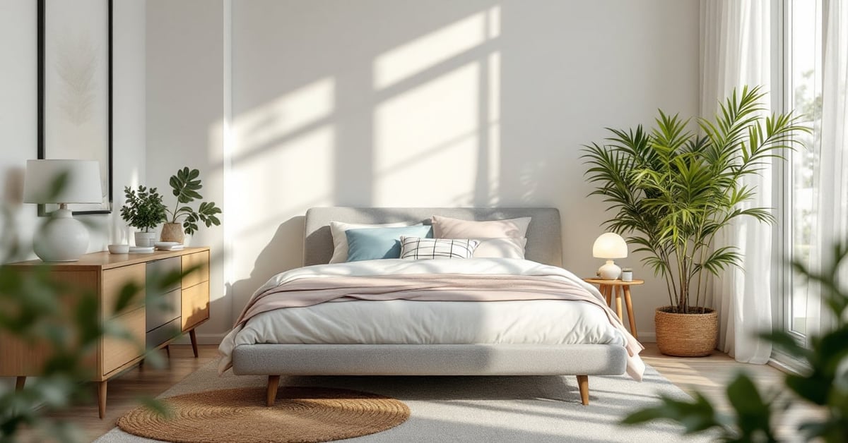 Chambre adulte moderne décorée avec élégance, lumière naturelle et ambiance chaleureuse