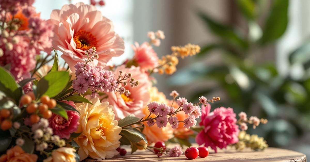 Composition florale fraîche dans un intérieur moderne avec lumière naturelle et décoration végétale