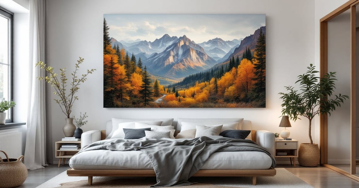 Décoration murale chambre moderne avec compositions artistiques et ambiance chaleureuse en lumière naturelle