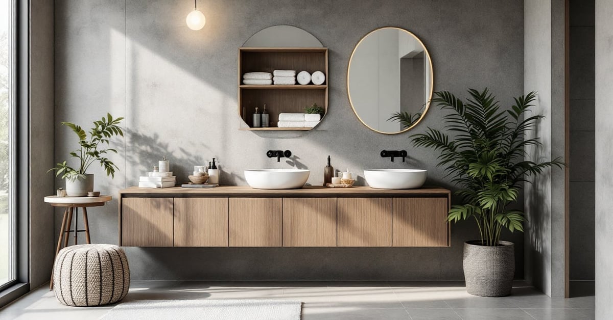 Salle de bain moderne et fonctionnelle avec meuble vasque, miroir et rangements élégants