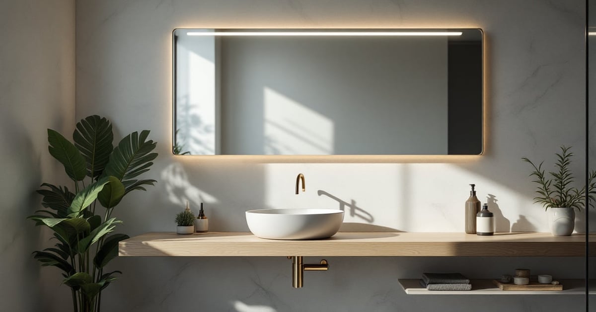 Miroir pour salle de bain moderne accroché au mur dans une salle de bain lumineuse et épurée