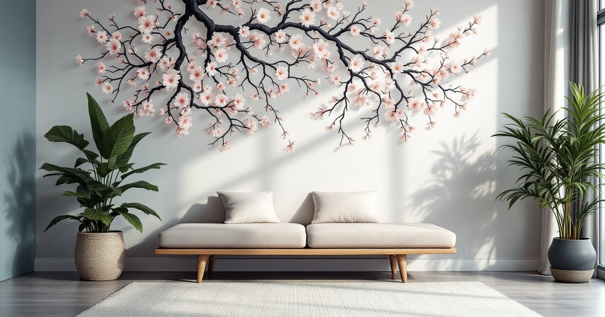 Décoration murale chambre moderne avec cadres et éléments décoratifs sur mur blanc épuré
