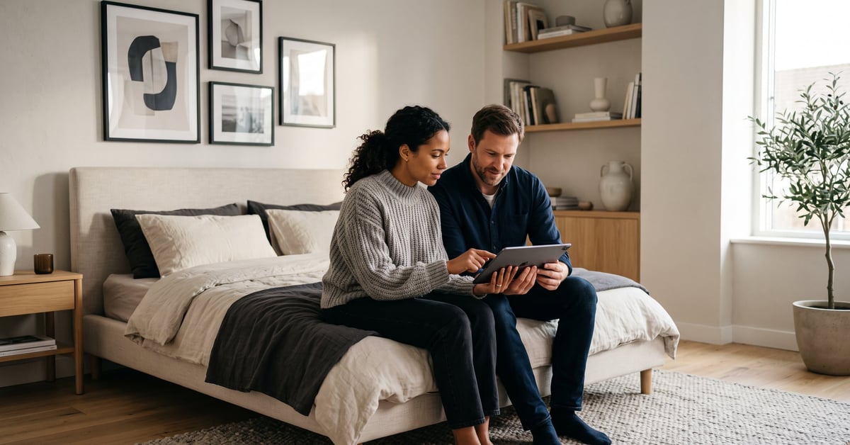Chambre parentale cocooning décorée avec des tons neutres, linge de lit douillet et ambiance chaleureuse
