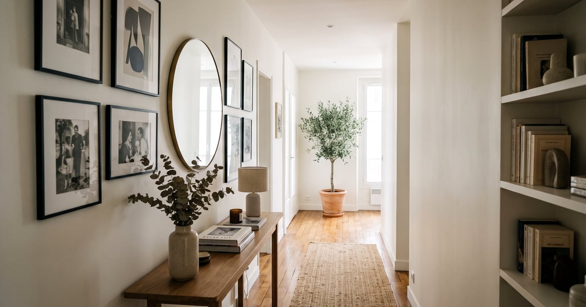 Couloir moderne décoré avec miroirs, étagères et plantes — idées déco couloirs tendance