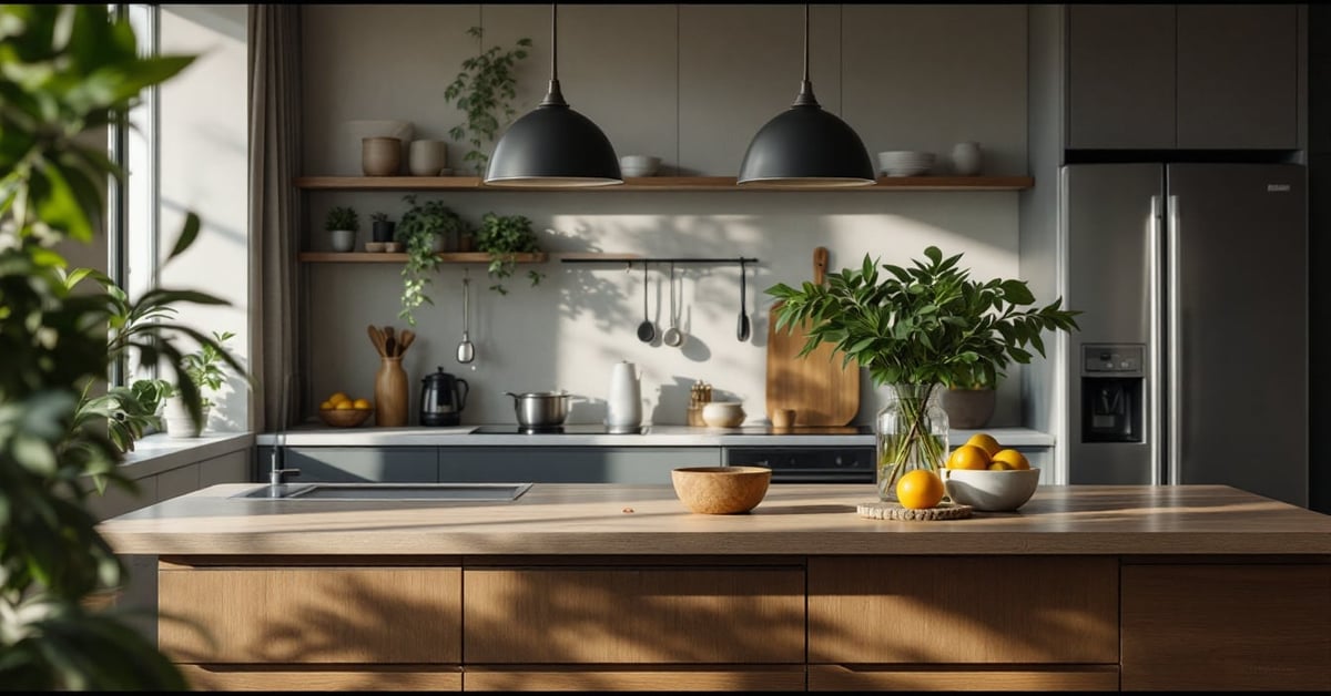 Idées déco cuisine moderne avec touches naturelles et aménagement élégant sans rénovation complète