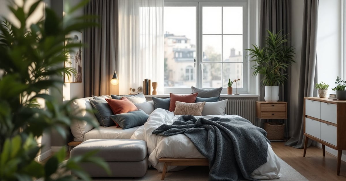 Idée décoration pour chambre adulte moderne avec literie neutre, plantes et touches chaleureuses