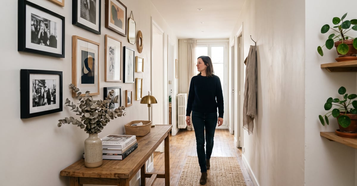 Idées décoration couloir : couloir moderne et élégant avec miroir, console et éclairage tendance