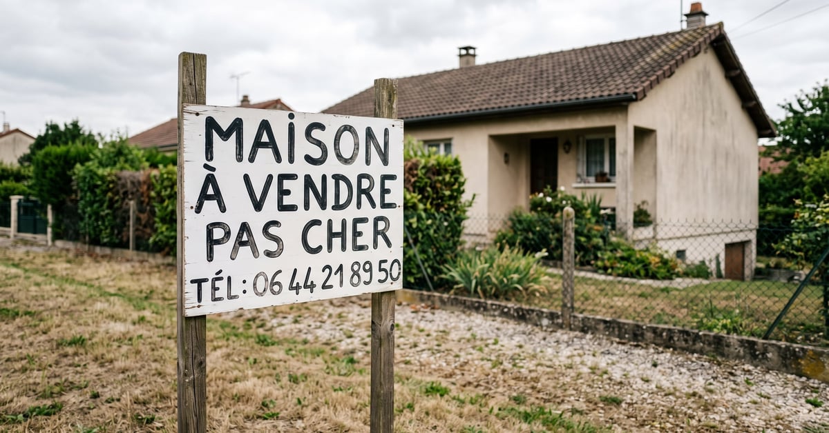 Maison à vendre pas chère avec panneau de vente devant une façade modeste et jardin