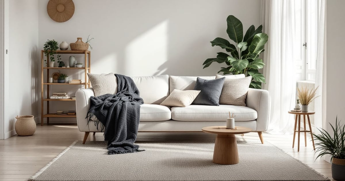 Canapé campagne chic en lin naturel et bois flotté dans un intérieur rustique moderne lumineux