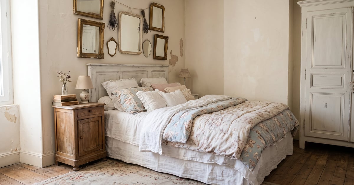 Chambre shabby chic élégante avec meubles patinés, linge blanc et tons pastel doux