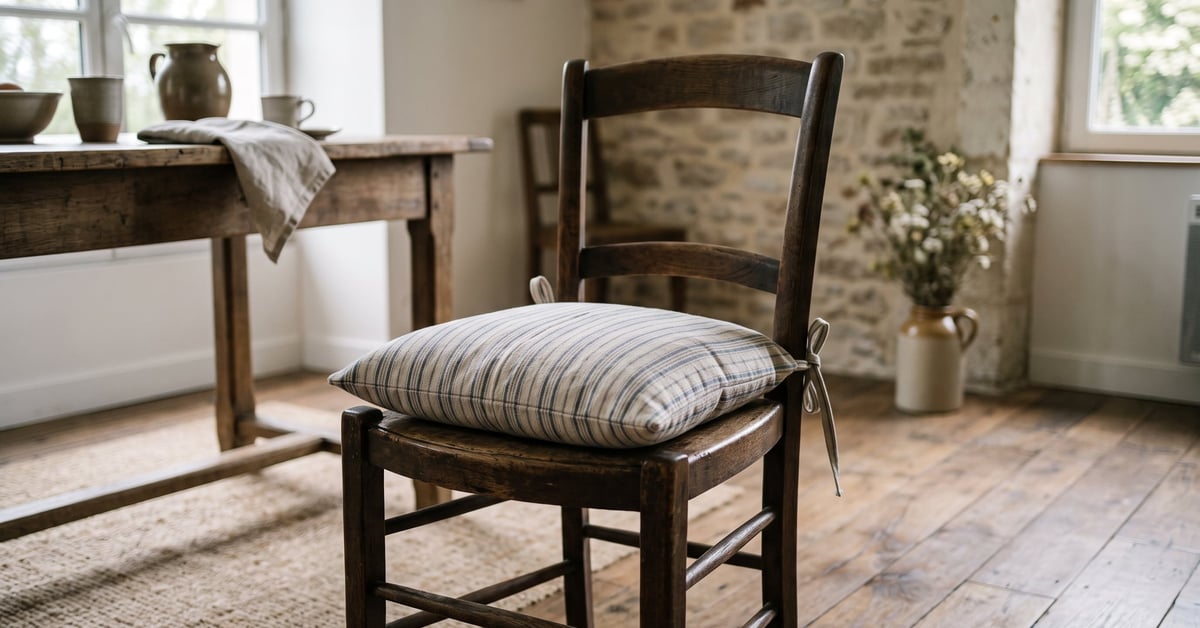 Galette de chaise campagne chic en tissu naturel posée sur une chaise en bois dans un intérieur élégant