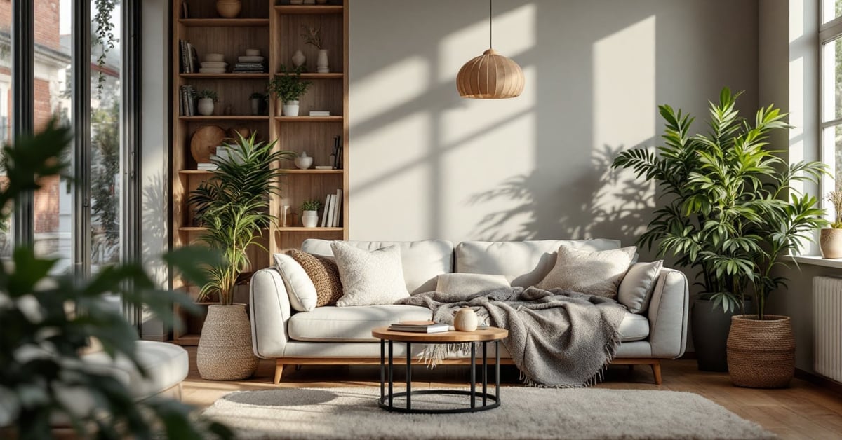 Salon cocooning chaleureux avec canapé moelleux, coussins doux et ambiance lumineuse tamisée