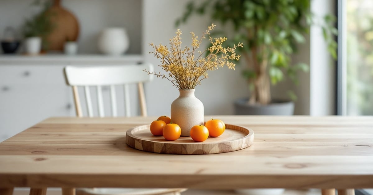 Table basse campagne chic en bois naturel dans un salon élégant au style rustique moderne